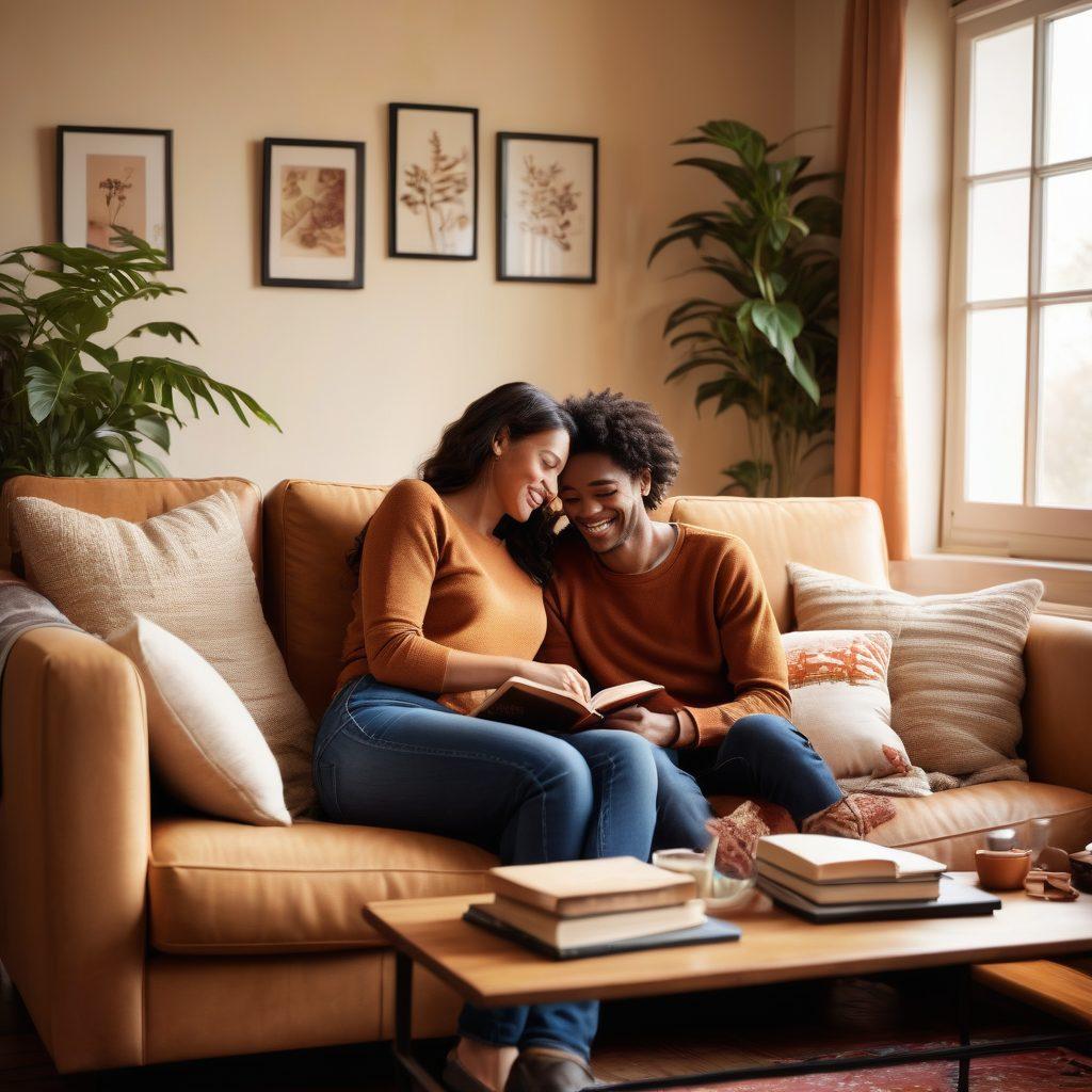 A warm, inviting setting featuring a couple sitting together on a cozy couch, sharing intimate moments of laughter and connection. Soft, diffused lighting enhances the emotional ambiance, while heart motifs subtly blend into the background. Elements symbolizing empowerment, such as books on relationships and a flourishing plant, add depth. The overall atmosphere should feel uplifting and nurturing. super-realistic. warm colors. cozy vibe.