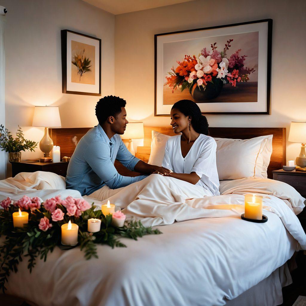 A serene, inviting bedroom setting with soft, warm lighting. Include elements like aromatic candles, delicate flowers, and tasteful artwork that symbolize intimacy. A couple is engaging in a gentle, affectionate conversation, showcasing emotional connection and trust. Add vibrant colors to evoke warmth and comfort. super-realistic. soft focus.